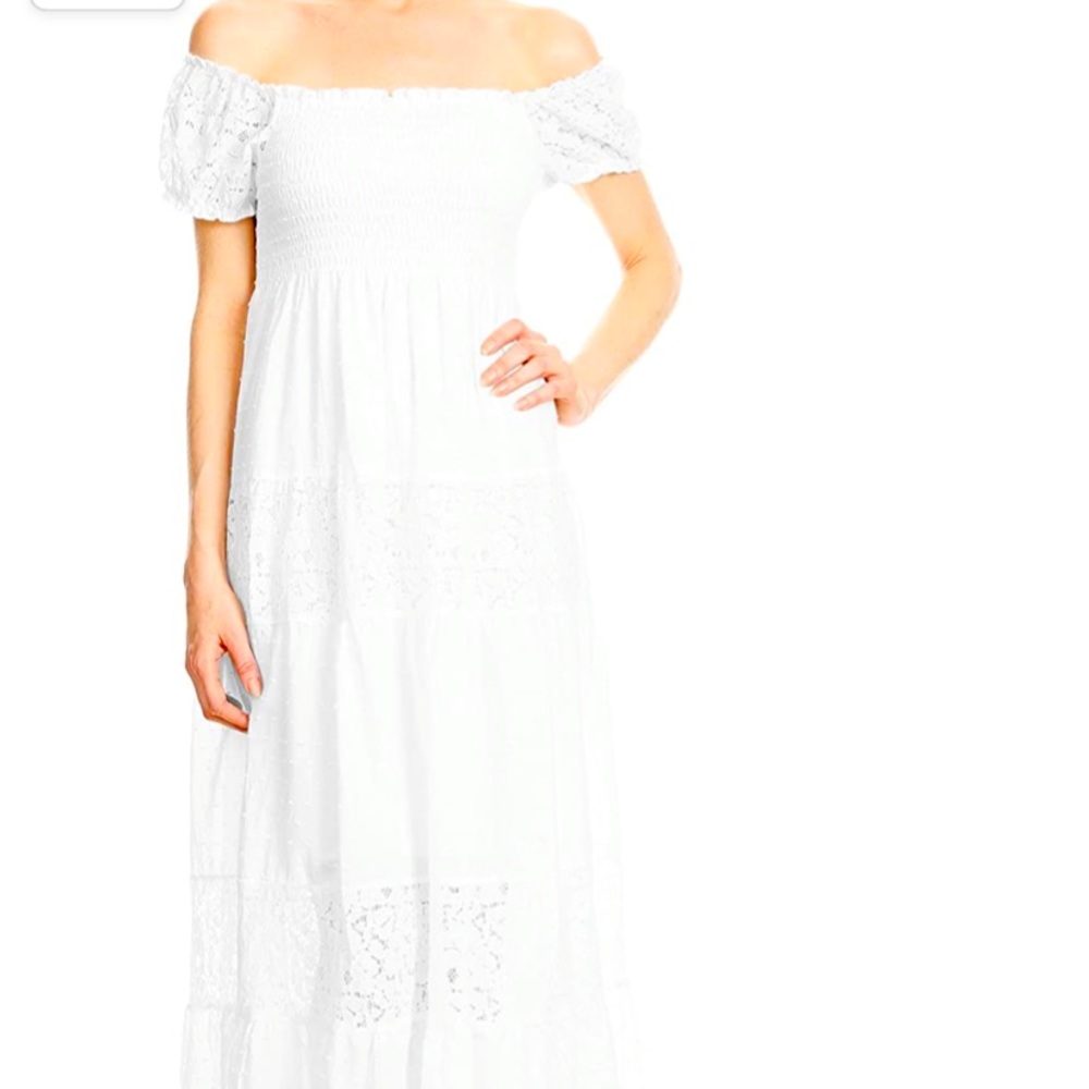 Womens Off Shoulder Boho Lace Semi Sheer Smocked Maxi Long Dress